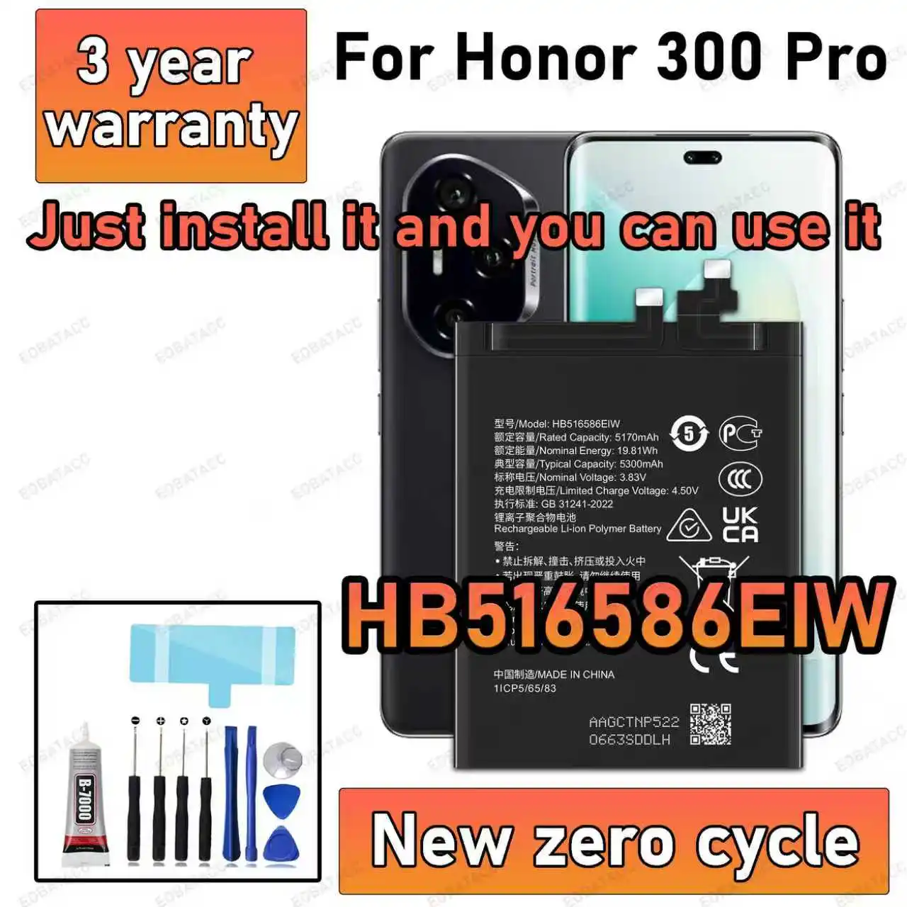 

100% New High Capacity HB516586EIW Battery For HONOR 300 PRO Phone batteries batteria+Free Tools