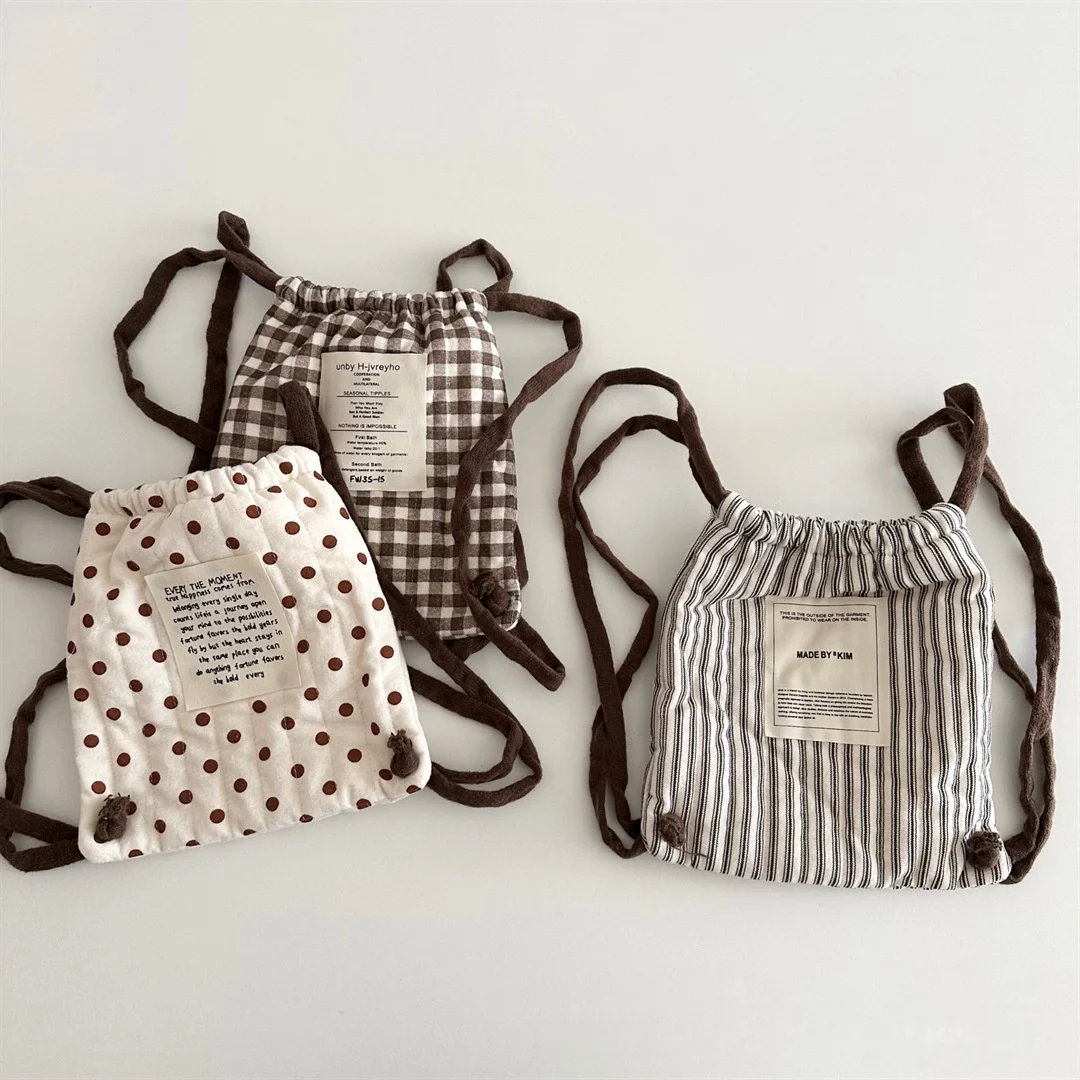 Zaino con coulisse in stile coreano per bambini Borsa a tracolla portaoggetti leggera per bambini scozzese a pois invernali