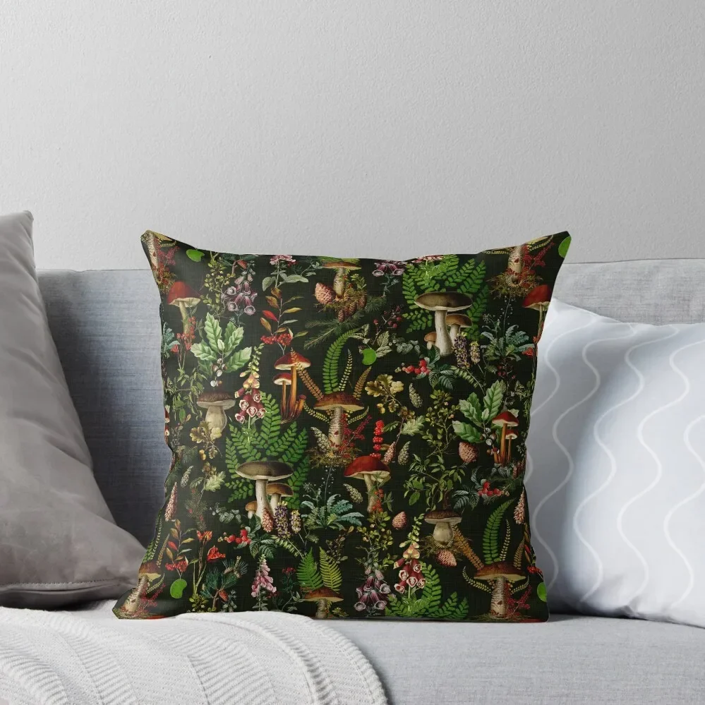 

Vintage Mushrooms Forest Botanical Pattern - Black Botanical Night Garden Throw Pillow Room decorating items Pillow