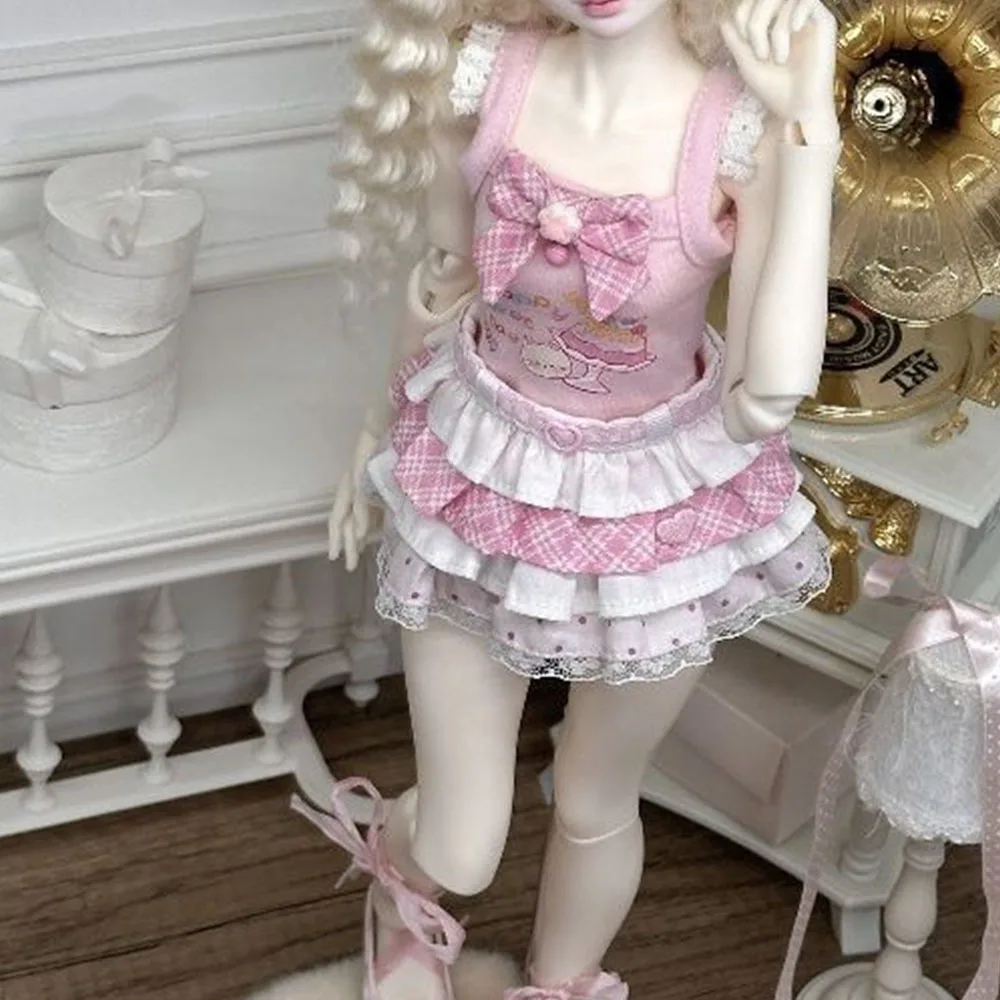 1/6 1/4 Proportion Bjd Doll Set Sweet Lolita Pink Checkered Bow Cake Skirt Kawaii Fashion Doll Dress Up Clothes No Dolls