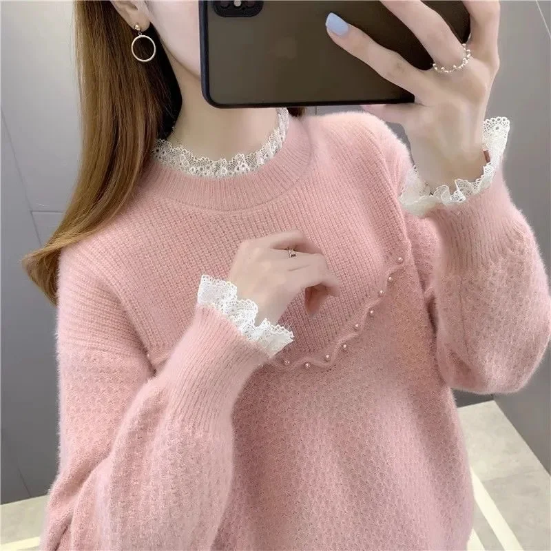 

2024 New Lace Women's Sweater Autumn Winter Ladies Long Sleeve Thick Warm Sweaters Slim Jumper Pullover Bottoming Shirt Tops