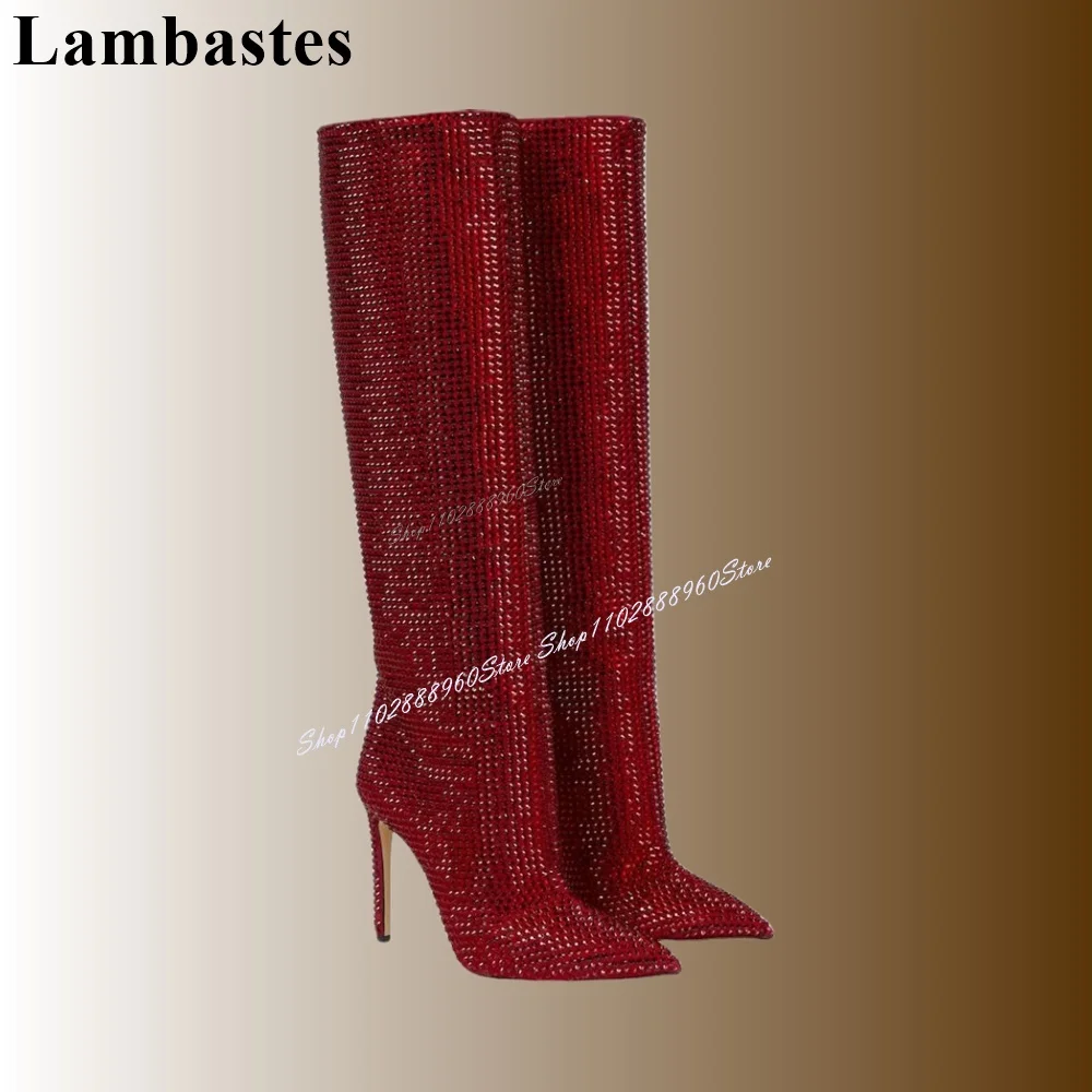 Runway-Bottes à talons hauts minces pour femmes, chaussures à enfiler, bottes pointues, décor en cristal rouge, mode 2024