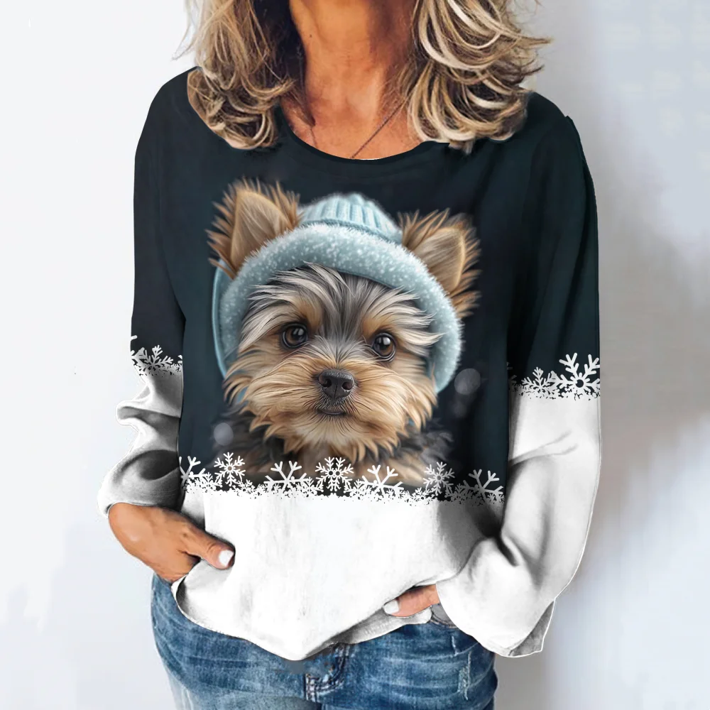 Fashions Women\'s T-Shirts Cute Kitten Print Girl Summer Harajuku Loose Casual Clothing Kawaii Round-Neck Long Sleeve T-Shirts