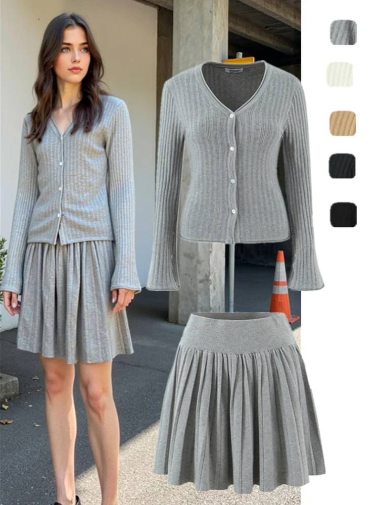 Retro Knitted Set with Button Cuff Long Sleeve V-Neck Open Cardigan Elastic Waist Pleated  Skirt High Waist  Color