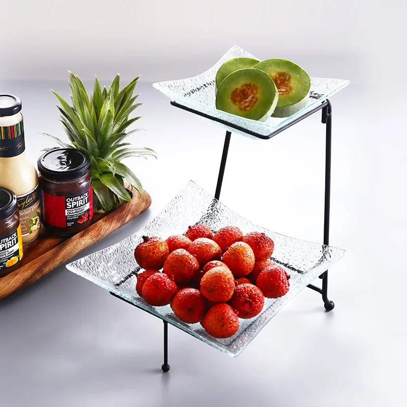 European Style 2/3 Layer Glass Tray Metal Support Fruit Plate Cake Pan Dessert Home Decoration Tableware