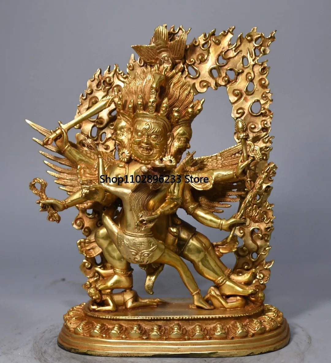 Tibetan Brass Gilt Painted Backlit Foul Stains King Kong Happy Buddha Six Arms Maha Ornament Home Hall 27cm