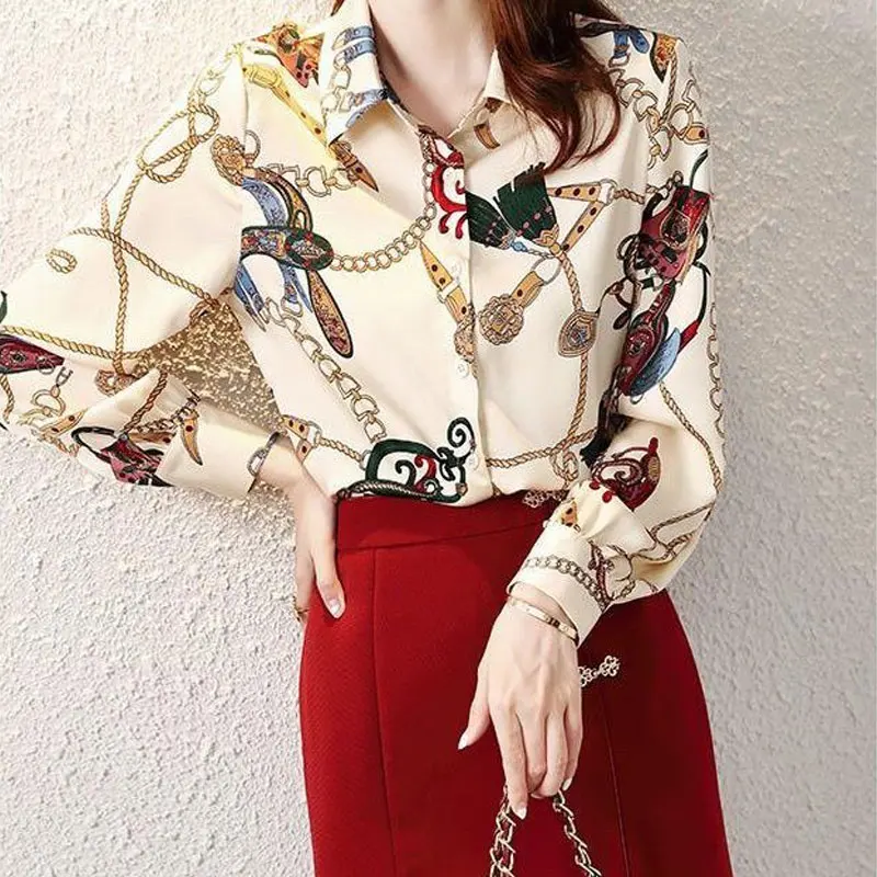 Casual Printed Chiffon Blouse Spring Autumn Polo-Neck Fashion Single-breasted Women\'s Clothing Loose Patchwork Long Sleeve Shirt