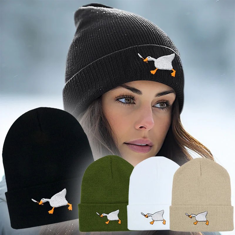 Big Goose Embroidery Knitted Hat Unisex Winter Warm Cuffed Beanie Outdoor Casual Streetwear Hat for Men Women