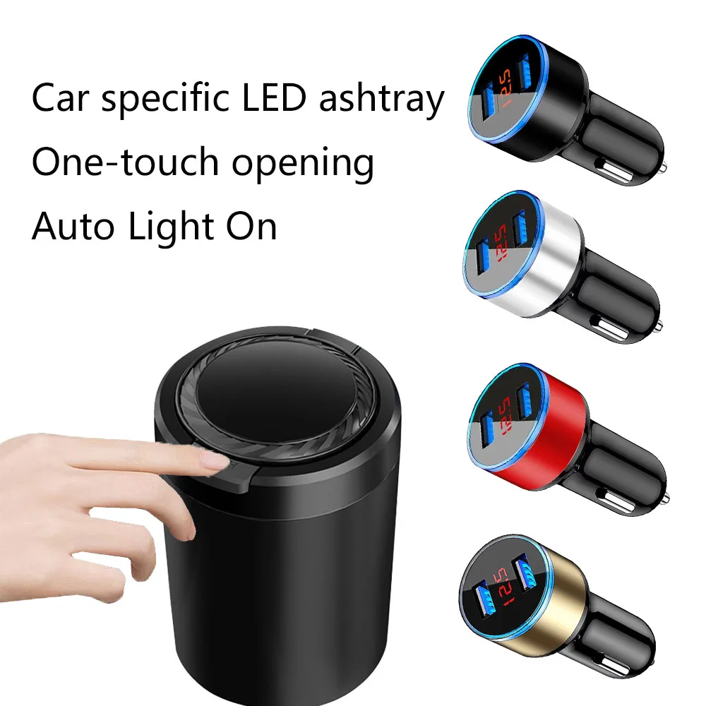 2pcs/1 set Car Ashtray With LED Light Universal Alloy Ash Tray Car USB Digital Display Voltmeter Fast Charging