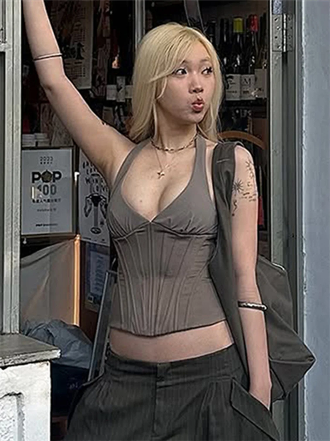 

Weird Puss Wild Hottie backless Tank Top Women Classic Sexy Halter Patchwork Sleeveless Stretch Skinny Trend Sporty Street Vest