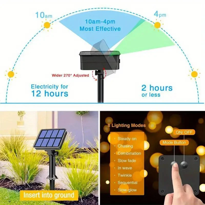1pcs Solar LED String Lights Waterproof Outdoor Garden Fairy Solar Lights 8 Modes for Street Patio Balcony Tree Decor