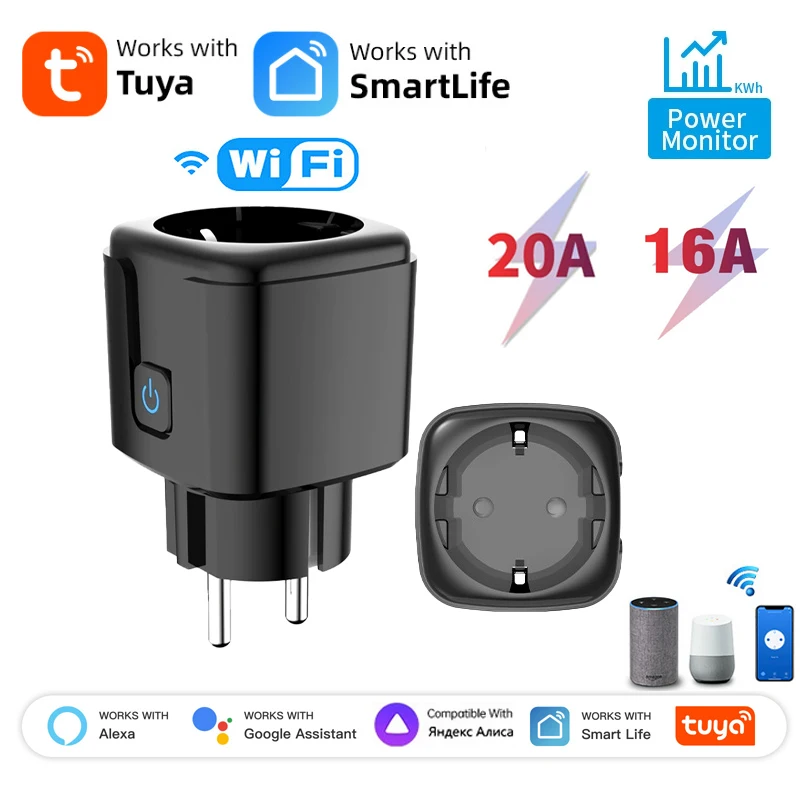 Tuya WiFi Smart Plug 20A EU Smart Socket With Power Monitoring Timing Function Voice Control Via Alexa Google Home Yandex Alice