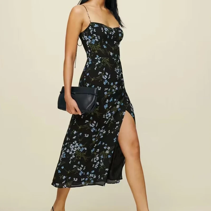 

Summer Spaghetti Strap Dresses Women French Floral Print Sexy Slit A-line Midi Holiday Dress