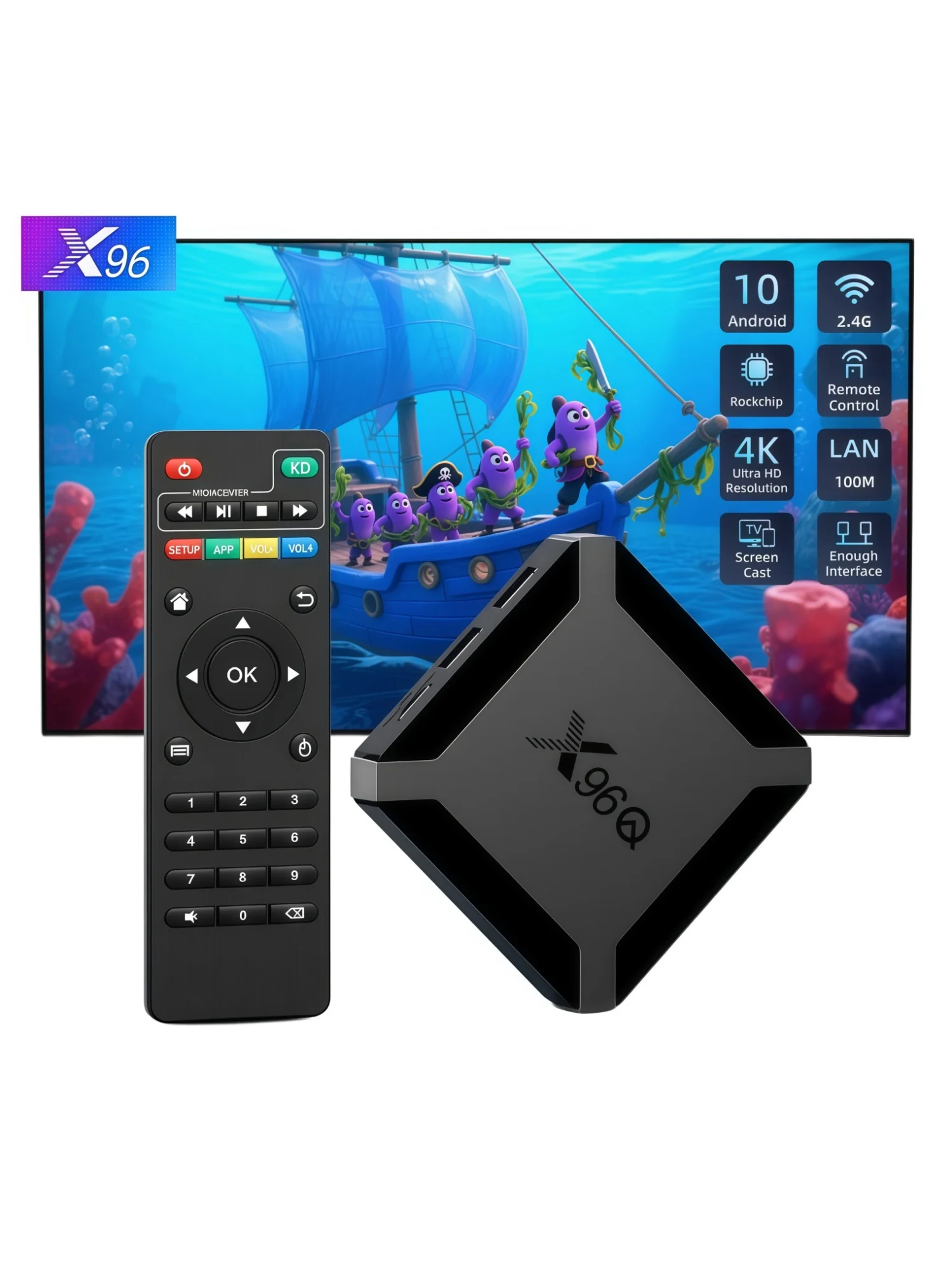 X96Q Android 10.0 TV-Box, 2 GB DDR3, 16 GB EMMC, 4K Ultra HD, Allwinner H313 Quad-Core ARM Cortex-A53, WLAN, Mini-Smart-Media-Player-Set-Top-Box, mit IR-Fernbedienung, kompatibel mit verschiedenen
