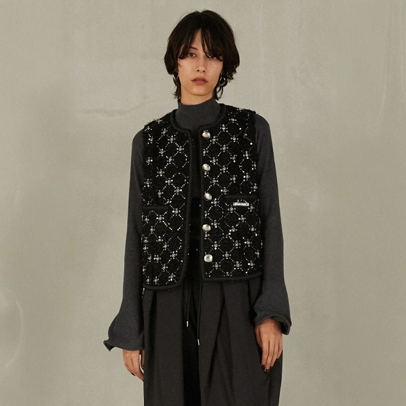 

Torowee 25 New Heavy Embroidery Sequin Vest Top Women's Casual Sle ort Outerwear Button Closure Other Material 00%