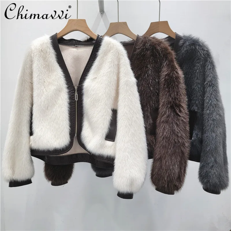 

Korean Style PU spliced Eco-friendly Full Mink Faux Fur Coat Women 2025 Winter V-neck Long Sleeve Versatile Loose Short Jackets