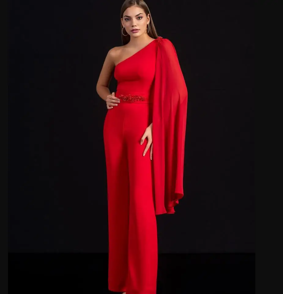 Chic Red Jumpsuit Prom Dress With Beaded 2023 One Shoulder Boho Pant Formal Evening Suit Elegant Satin Korean Party Dresses New