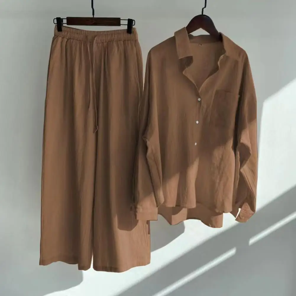 Chic Pockets Comfortable Loose Type High Waist Fall Blouse Trousers Suit Turn-down Collar Women Tops Pants Set for Work