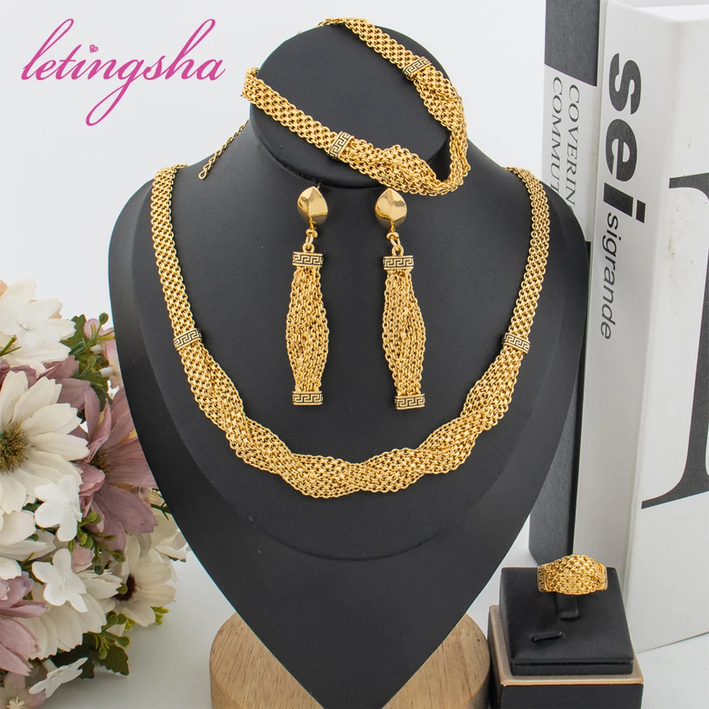 

Dubai Necklace Earrings Bracelet Ring Set African Women Gold Plated Fashion Jewelry Nigeria Bride Jewellery Wedding Party Gifts