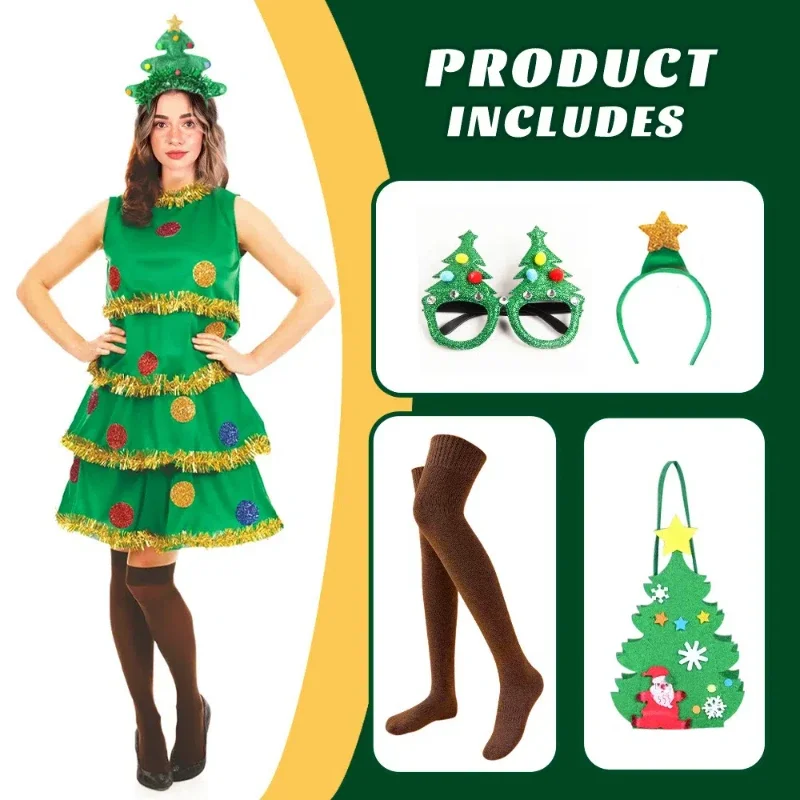 Weihnachtsbaum-Rollenspiel-Kostüm für Damen, grün, plissiert, ärmellos, Kleid, Stirnband, Socken, ausgefallenes Set, Weihnachts-Outfit für Erwachsene