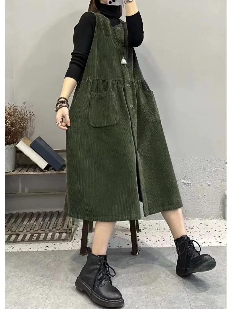 Authentic Corduroy Vest Dress Casual Striped Velvet Skater Dress Women's Autumn Winter Cotton round Neck Sleeveless Dress
