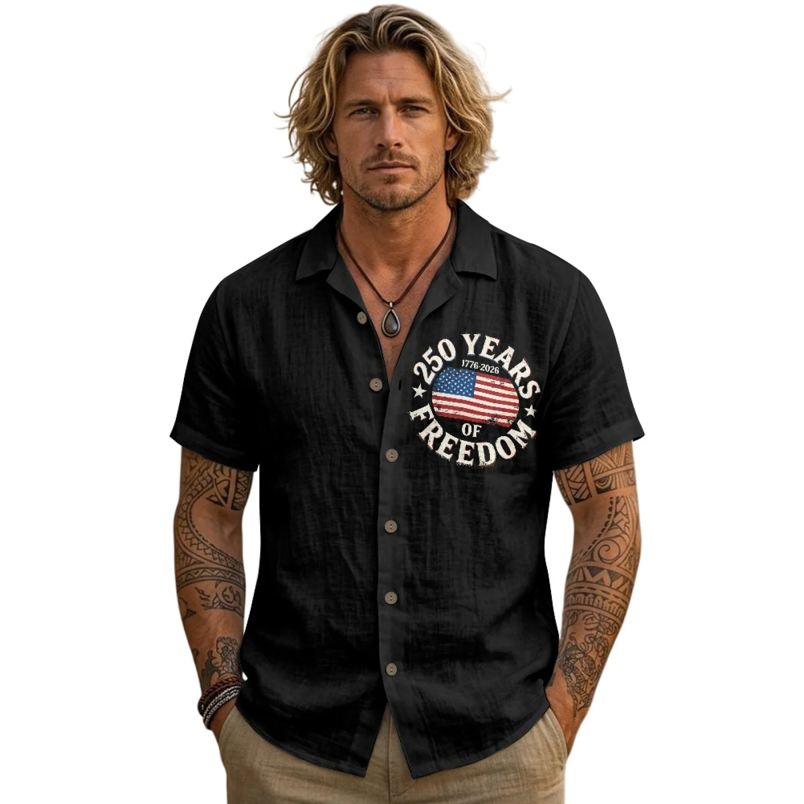 PENSTROLL US Flag 250 Linen Style Men's Shirts for Spring Single Breasted Men Short-Sleeved Shirts men's T-shirt