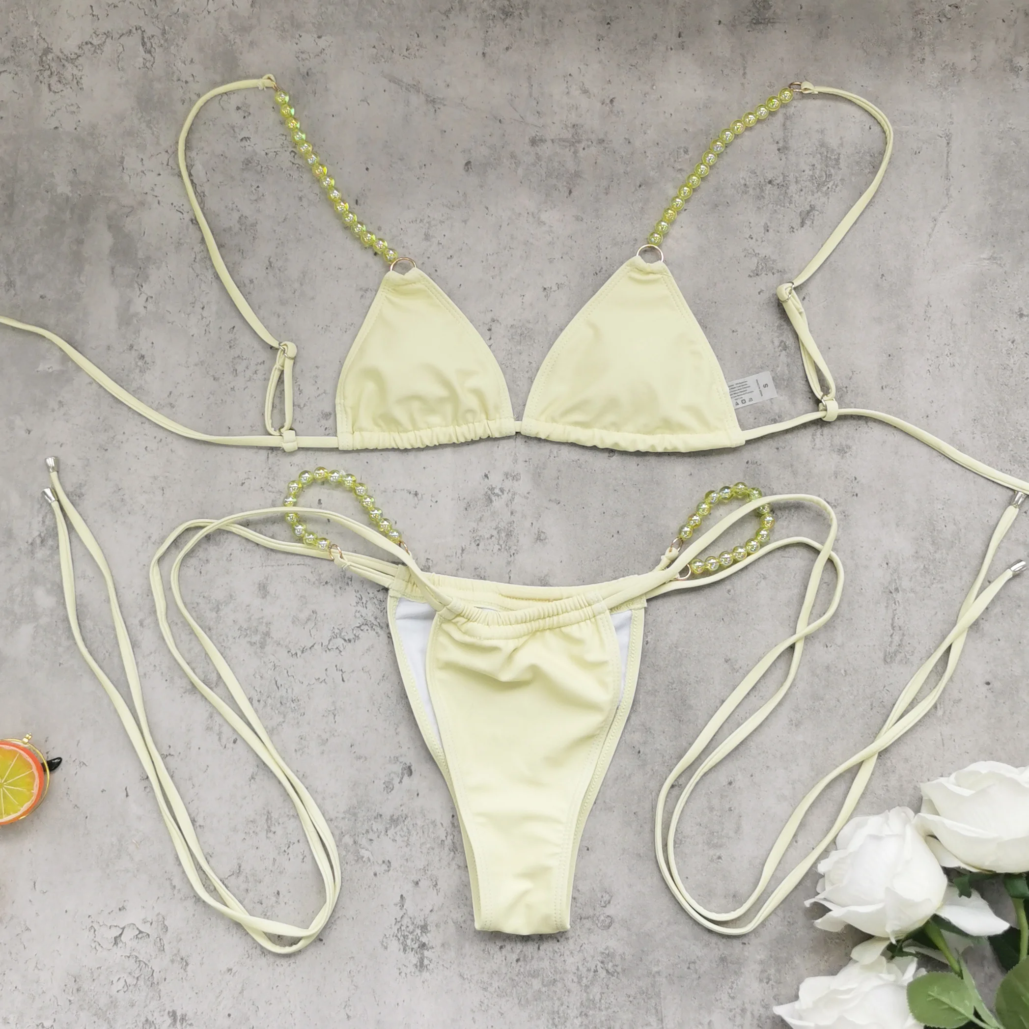 

Sexy Bead Chail Trangle Bikini Women Long Sleeves Beachwear Cover Up 3Pcs Swimsuit Fashion One Shoulder Lady Dresses Getways