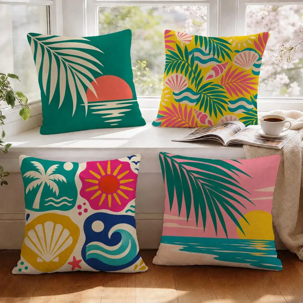 Vintage Beach Vacation Poster Cushion Cover 1/4Pcs Linen Throw Pillow Covers Double-Side Print Sofa Couch Living Room Decor