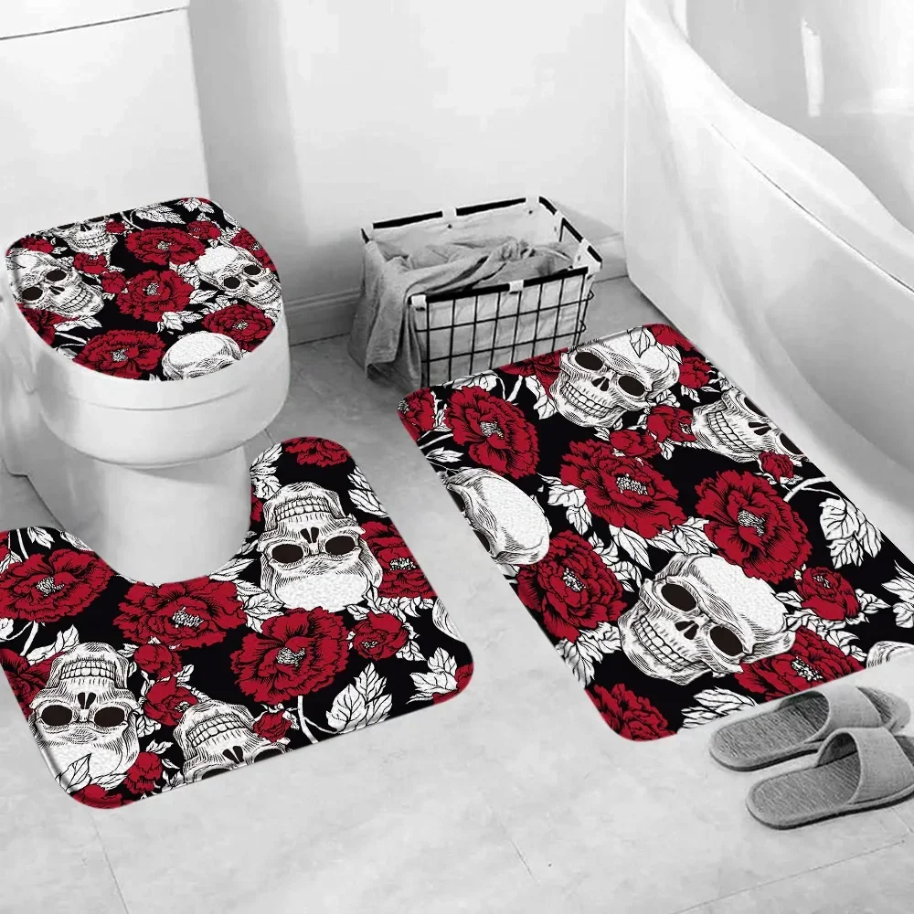 Flower Skull Autumn Pumpkin Bathroom Rug Set Horror Artist Home Footrest Bathroom Mat Toilet Cover Bathroom Decor Accessories