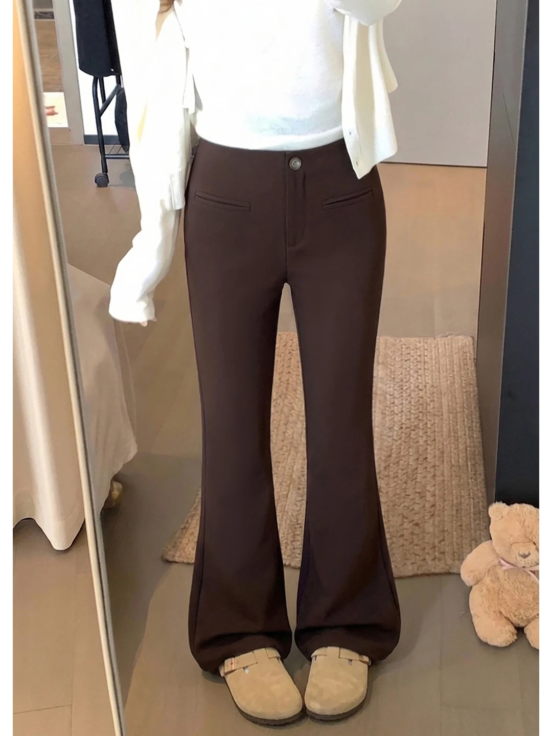 High Waist Slim Fit Casual Pants Women's Suit Style Bell Bottoms Daily Wear Comfortable Polyester Fabric Fashionable Design