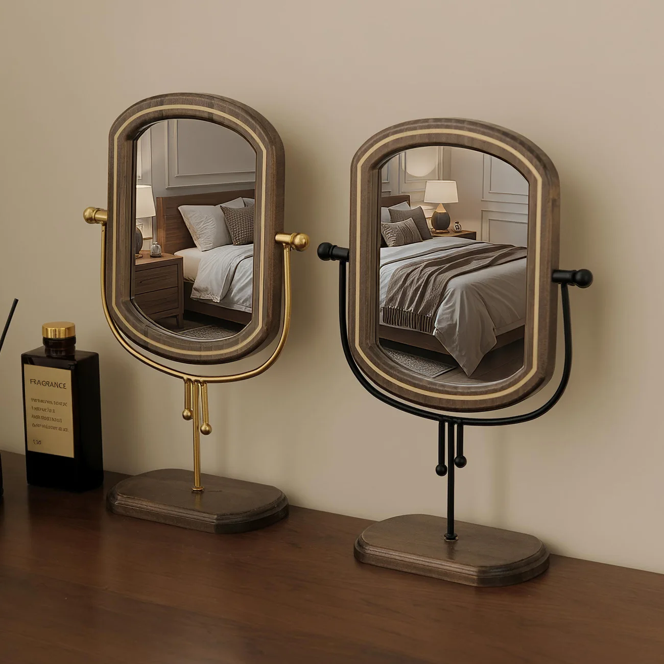 Lustro do makijażu w stylu retro europejskim, minimalistyczne, drewniane, na biurko, do sypialni, obrotowe w pionie, lustro do użytku domowego.