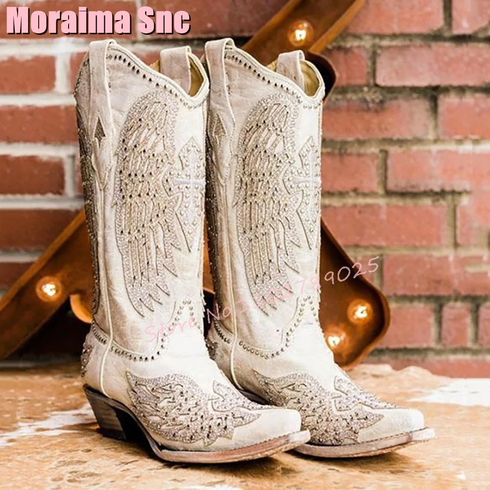 Rivet Hollow Pointed Toe Western Boots Block Mid Heel Slip On Bling Totem Women Mid Calf Boots Fashion Autumn Winter 2024 Newest