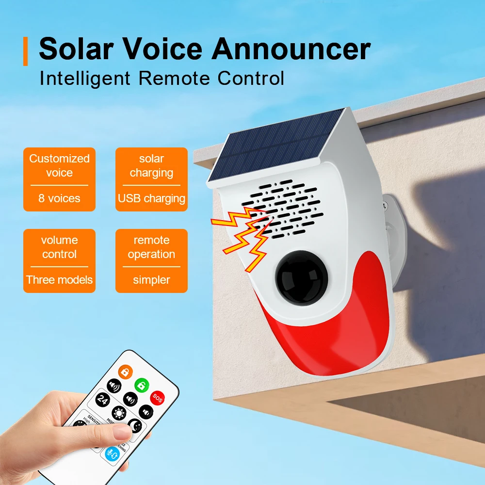 TAIBOAN Solar Infrared Motion Alarm Sensor With 120db Siren Strobe Light DIY Voice Announcer Outside Weatherproof PIR Sensor