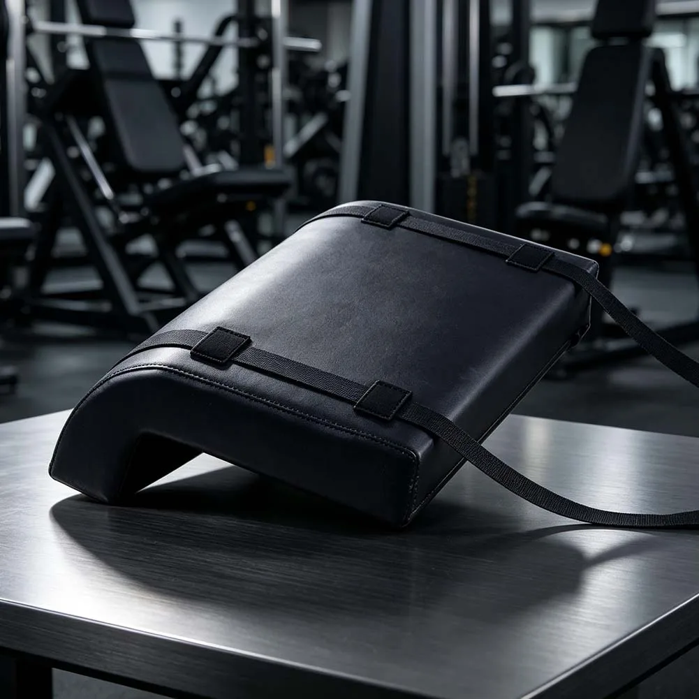 Black Hip Thrust Pad Gym Squat Cushion Thick Foam Core PU Leather Cover Non Slip Silicone Dots Adjustable Straps