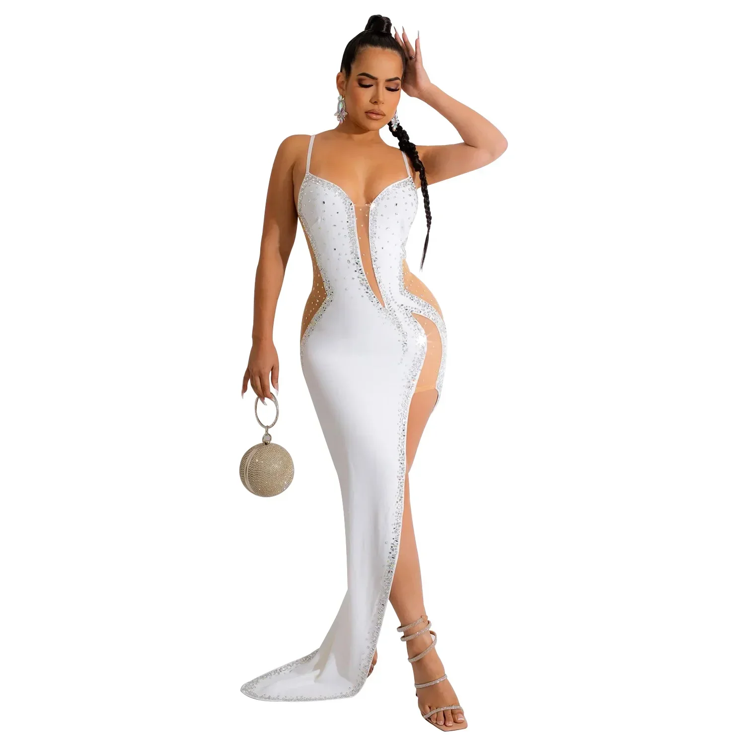 Robe de Soirée Longue en Maille Transparente pour Femme, Tenue Sexy avec Diamants, Bretelles Spaghetti, Dos aux, Fente Latérale, Batterie