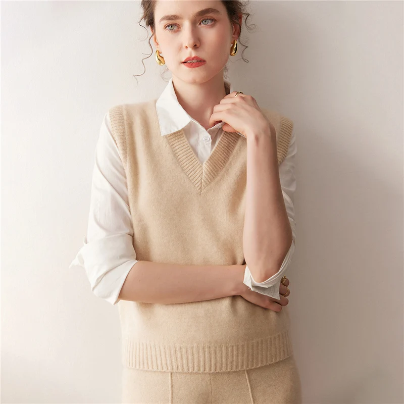 Kamizelka damska jesienno-zimowa, jednolity kolor, 100% kaszmir, sweter, podstawowy sweter bez rękawów, retro, w stylu lazy preppy, bez rękawów.