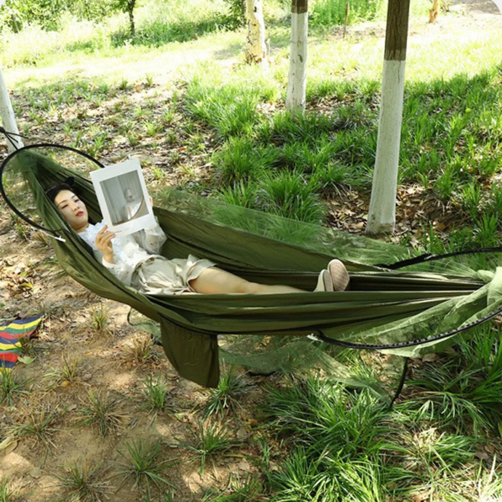 260*140cm Portable Hammock with Mosquito Net – Outdoor Camping Hanging Bed with Carabiners & Tree Straps