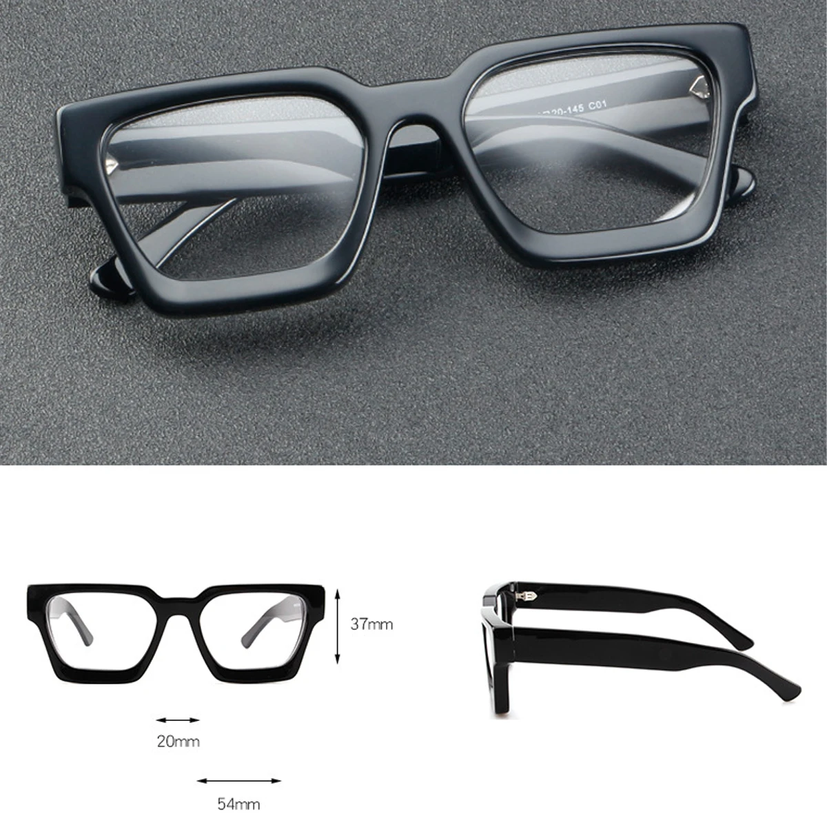 Schwarze dicke quadratische Rahmenbrille für Herren, optische Acetat-Brille, Unisex, klare Linse – Detail 5