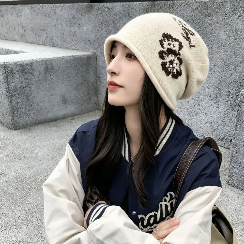 Versatile Ear Protection Floral Slouchy Beanie Windproof 56-58CM Fall Winter Cold Hat Knitted Stretchy Jacquard Knit Hat Daily