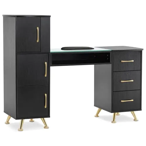 Manicure Table with Glass Top, Storage Cabinets Black 2611