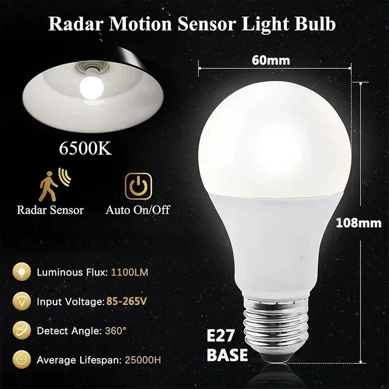 1/2PCS 5/7W LED Bulb Light E27 Radar Motion Sensor 85-265V White Smart Lamp Working in Night for Home Living Room Stair Pathway