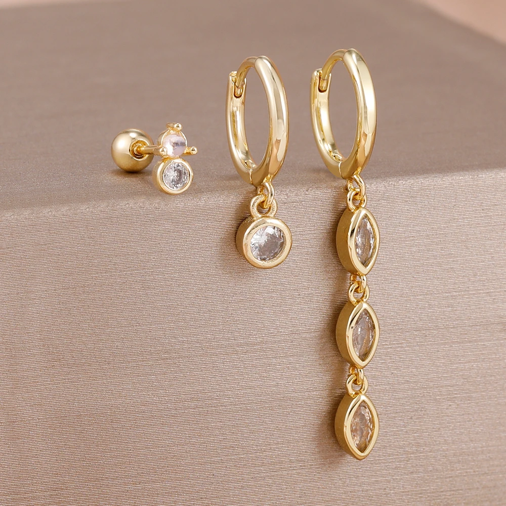 3-teiliges modisches Ohrring-Set mit kubischen Zirkonia-Steinen für Damen, niedliche vergoldete Ketten-Ohrringe mit Wassertropfen-Design, Brautschmuck, Hochzeitsgeschenke.