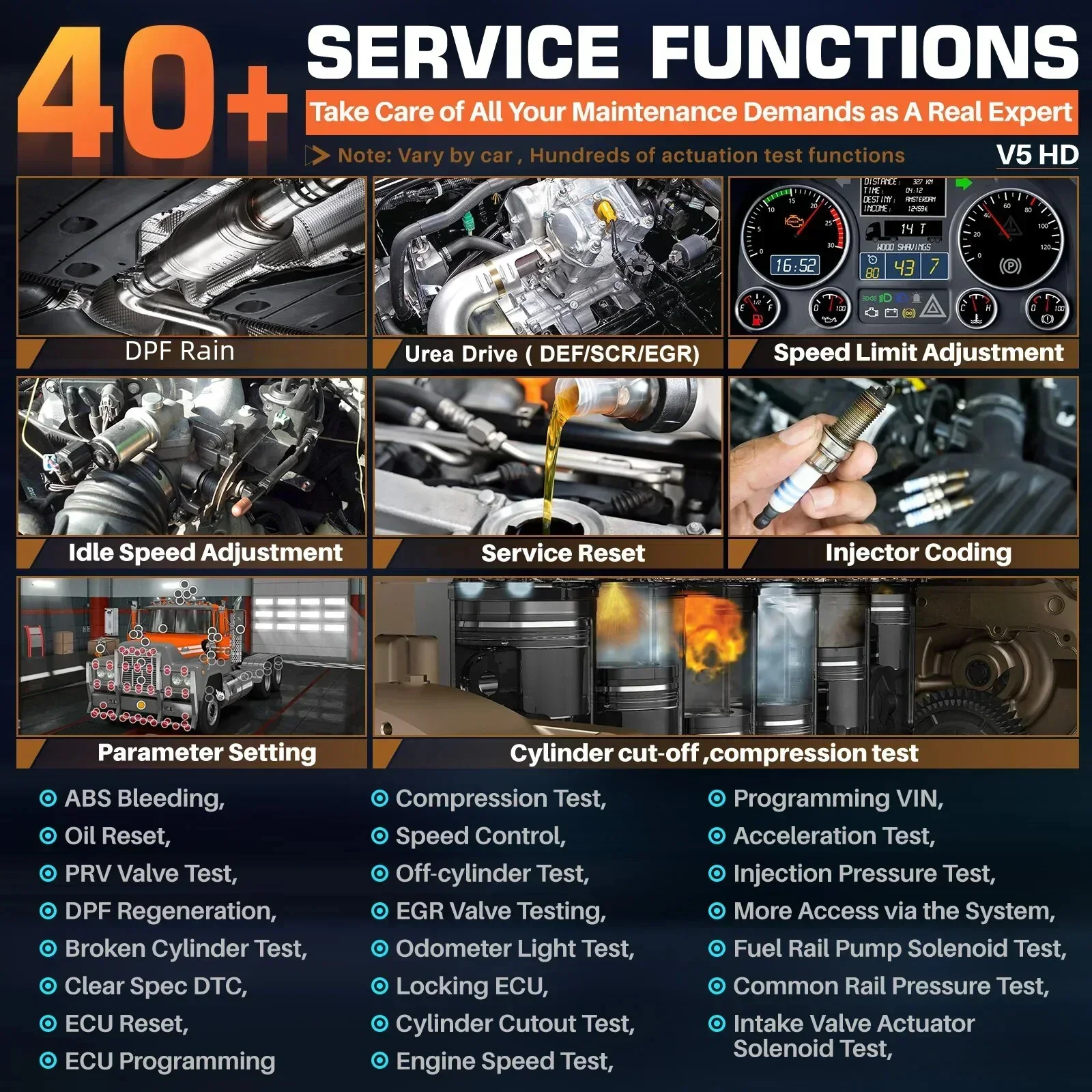 ANCEL HD 상용차 중장비 트럭 진단 도구, 모든 시스템 ECU 코딩, BI 방향 OBD2 트럭 스캐너, V5
