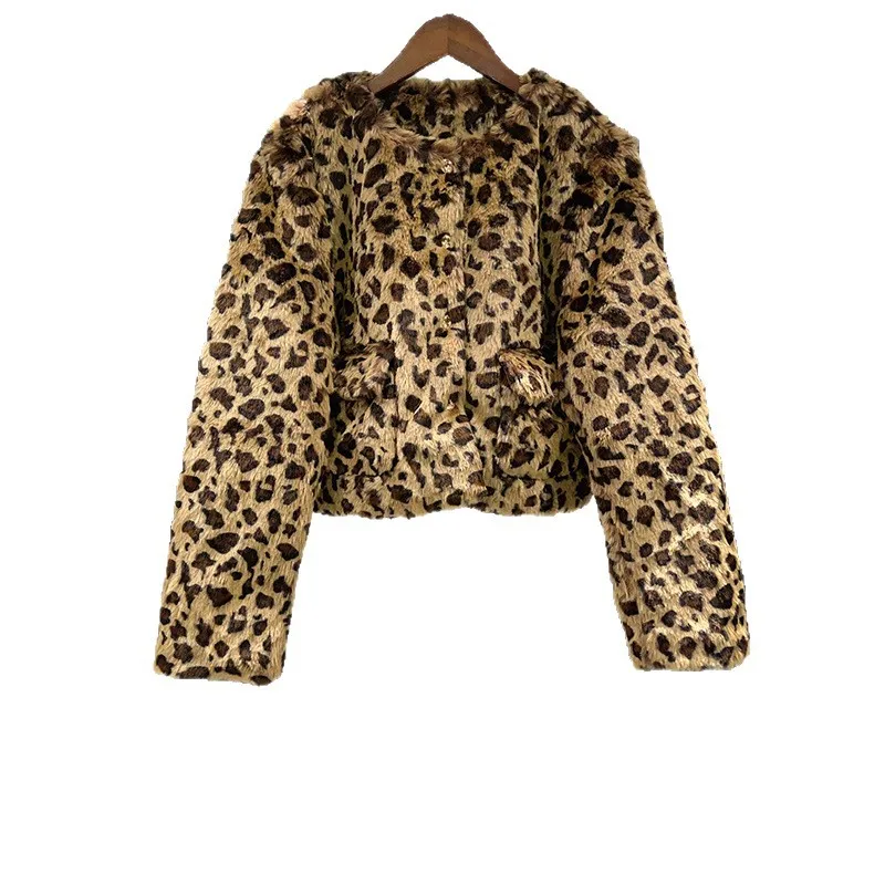 

2025 Autumn Winter Fashion Wild Leopard Print Smooth Round Neck Short Jacket with Gold Buttons