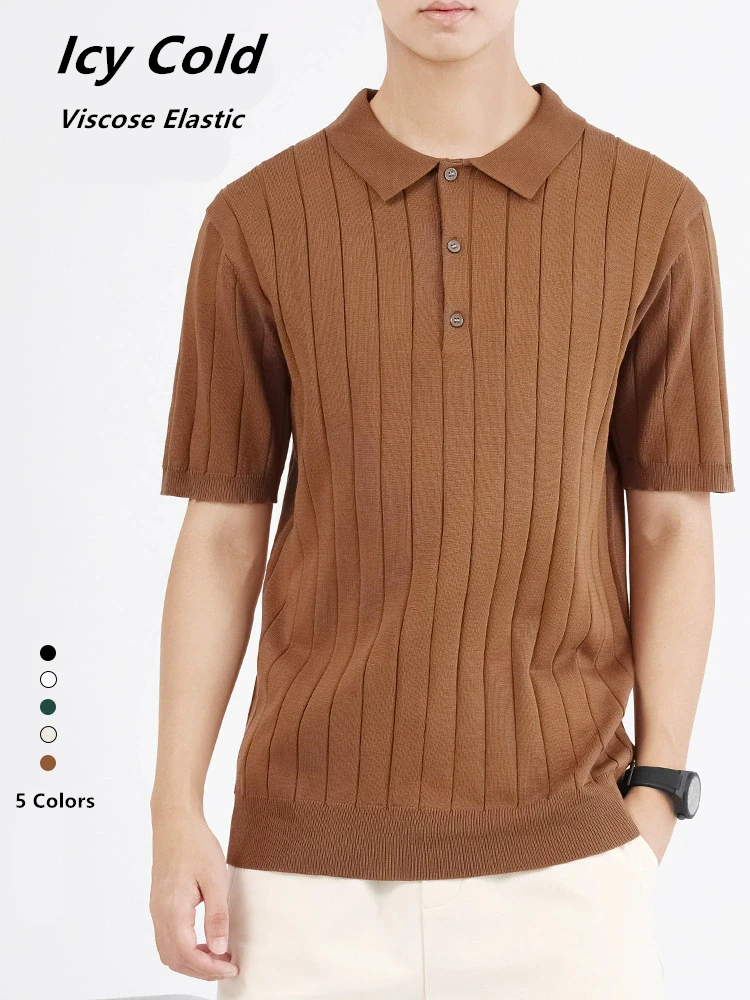

Elastic Knitted Premium Polo Shirts For Men Casual Breathable Icy Summer High Quality Soft Comfortable Striped Camisas De Hombre