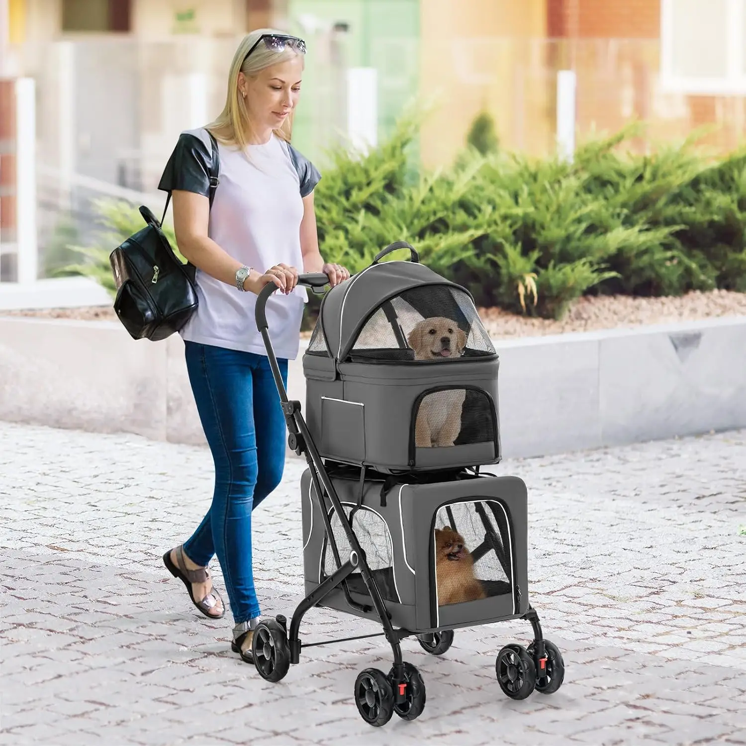 Pet Stroller Double Dog Stroller Detachable Carriers 4 Lockable Wheels Safety Belt for Small & Medium Pets Folding Travel