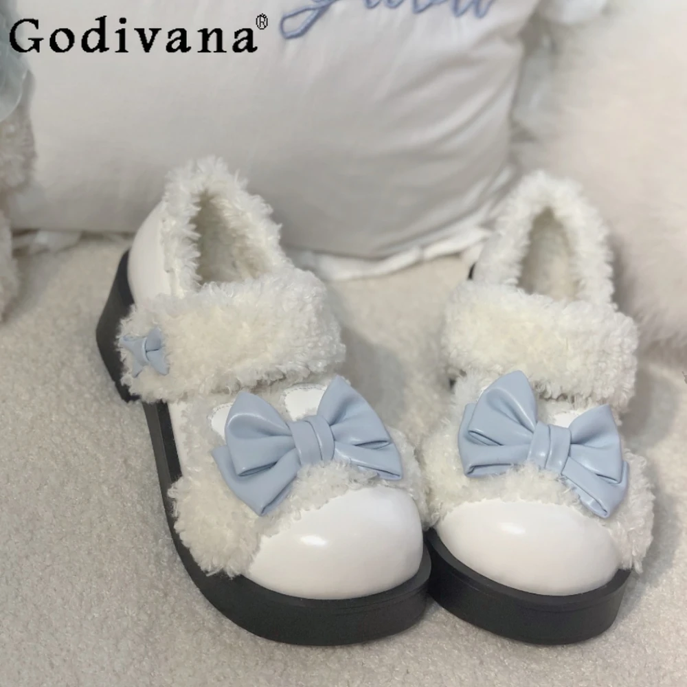 

Autumn Winter Velvet Warm Lolita Round Head Shoes Cute Kawaii Lamb Wool Big Head Shoes