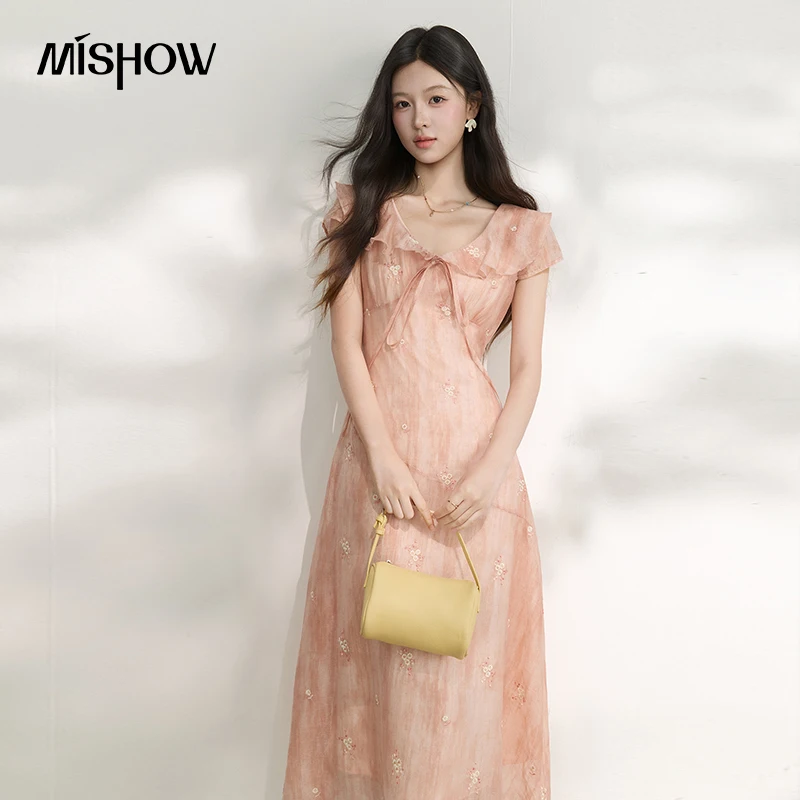 MISHOW Women's Pink Floral Embroidery Midi Dress 2026 Summer Ruffle V Neck Tie Front Dresses Slim Elegant Long Dress MXF20L2826