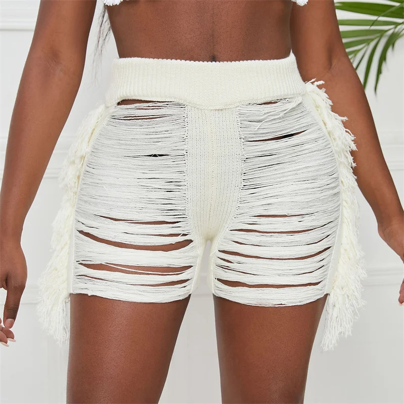 Nightclubs Bars And Beaches Sexy Wool Woven Fringe Shorts Pant Women's Casual Shorts High Waist Plus Size Stretch