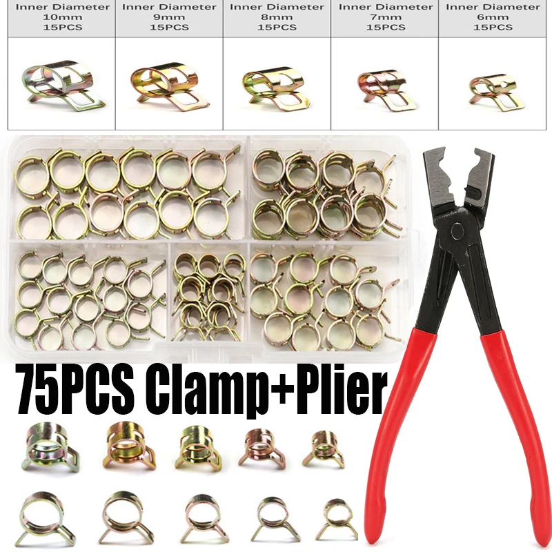 

75PCS Spring Hose Clamps+1pcs Plier 6/7/8/9/10mm Zinc Plated Spring Clip Fuel Line Hose Pipe Air Tube Clamps Fastener Pipe Clamp